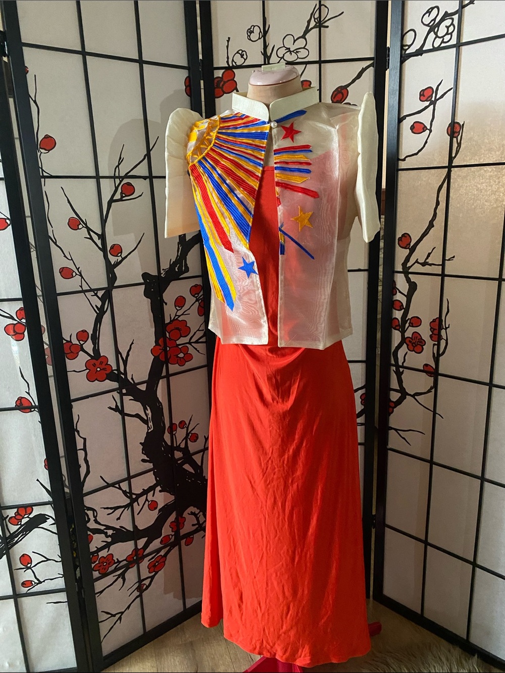 Red Maxi Dress with Cream Embellished Bolero “Sinag” Sunburst Design Set